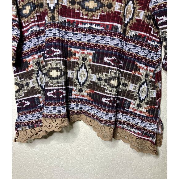 Signature Studio Knit Top Aztec 3/4 Sleeve Ribbed Asymmetrical Lace Trim XL - Picture 5 of 10